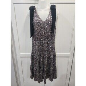 NEW MNK Tiered Charcoal Sequin Dress with Black Bow Straps, Size Large